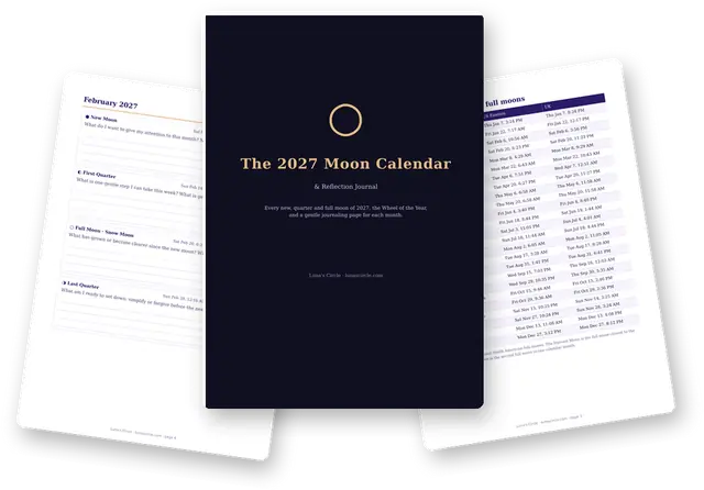 Pages from the free 2027 Moon Calendar: cover, monthly reflection page and full moon dates
